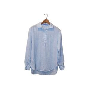 J McLaughlin Womens Linen Blue White Stripe Popover Top Size M Coastal Preppy